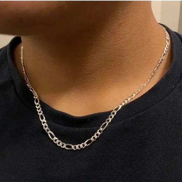 Solid Sterling Silver Figaro Chain Real 925 Silver Necklace Stamped 925 ITALY - Picture 1 of 4